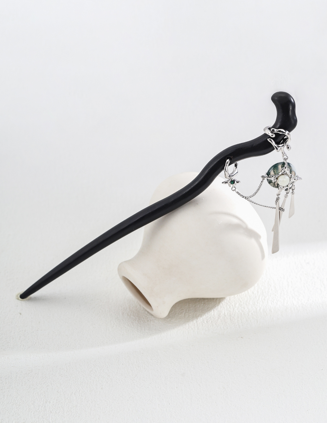 Neo-Chinese 925 Sterling Silver Moss Agate &#038; Shell Peace Buckle Hairpin